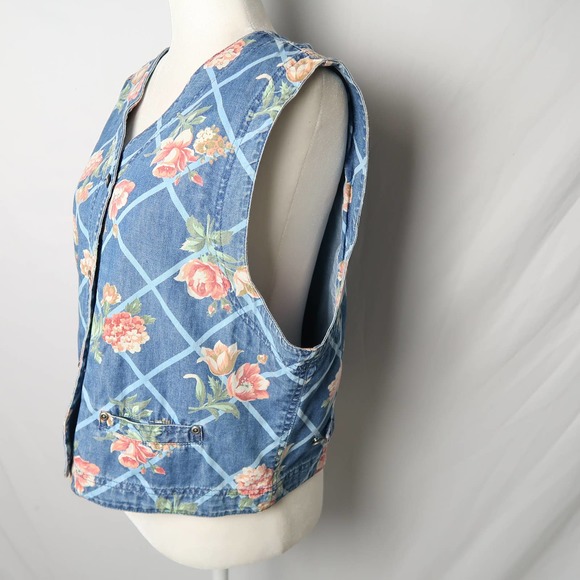 Vintage 90s Liz Claiborne blue and pink floral denim vest L - Picture 3 of 5
